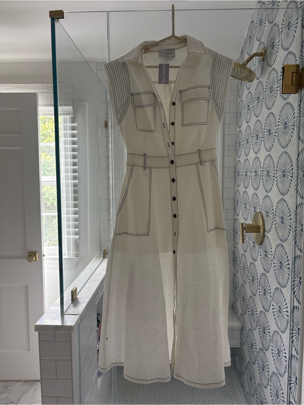 Sleeveless Ivory Midi Shirt Dress with Contrast Stitching
